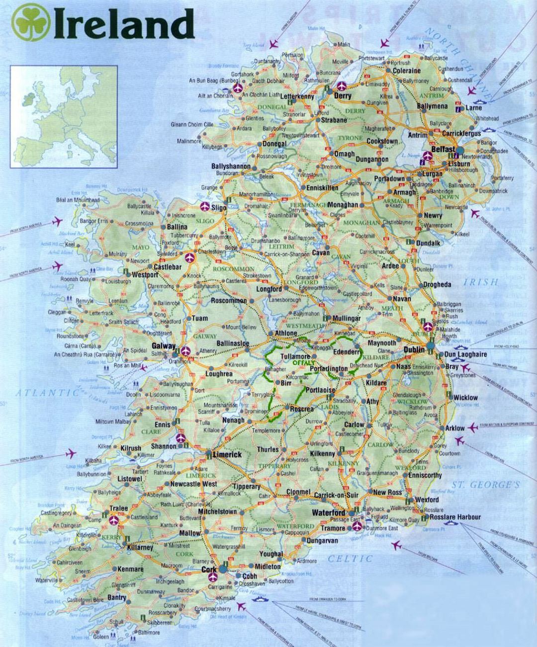 Gran mapa de carreteras de Irlanda con todas las ciudades, aeropuertos y carreteras