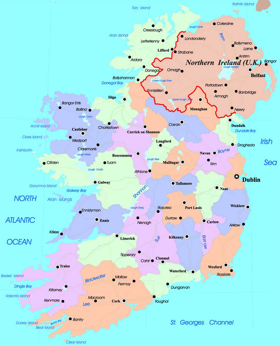 Mapa administrativo detallado de Irlanda con las principales ciudades