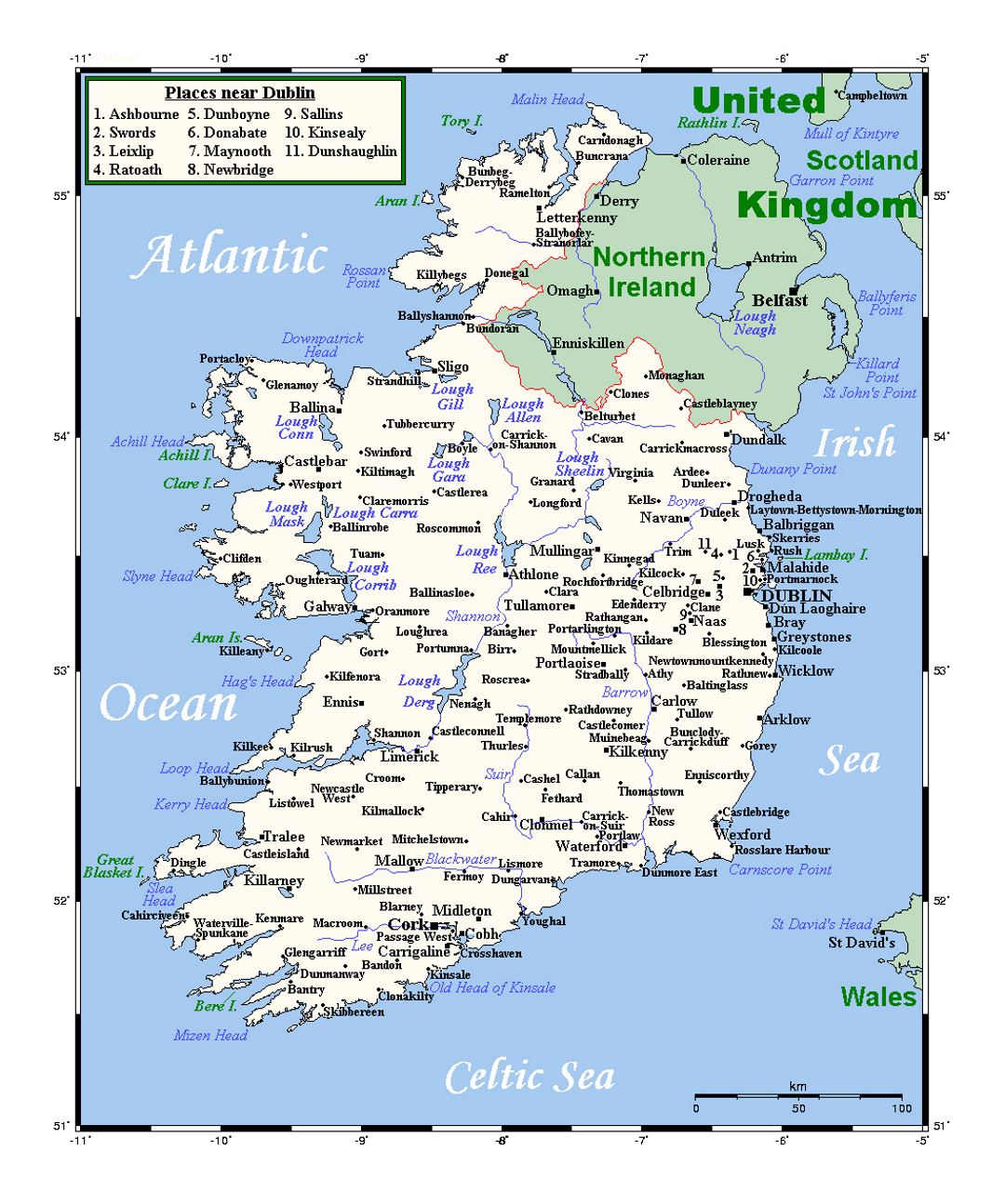 Mapa detallado de Irlanda con ciudades