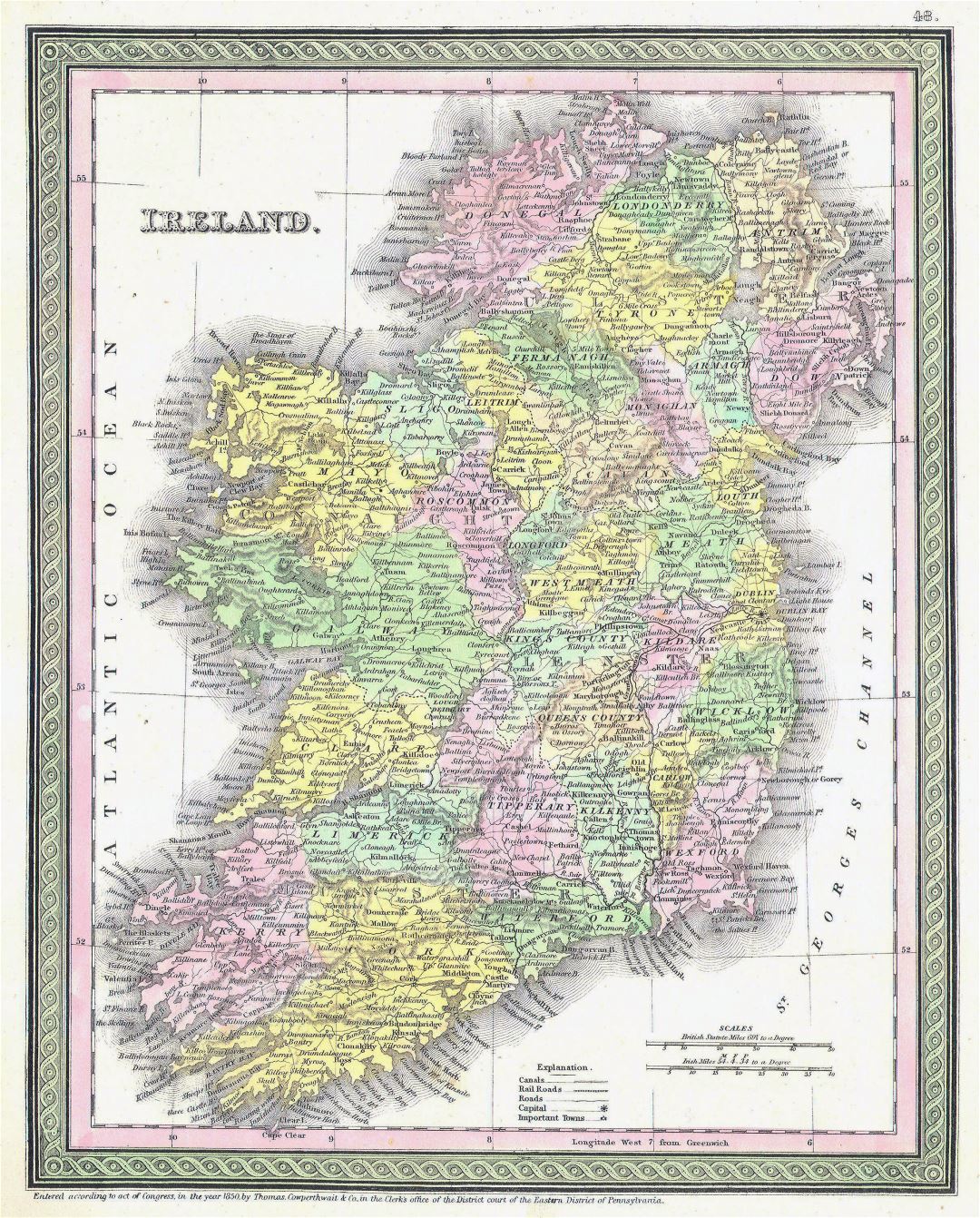 Mapa grande detallada vieja política y administrativa de Irlanda con alivio, carreteras, ferrocarriles y ciudades - 1850