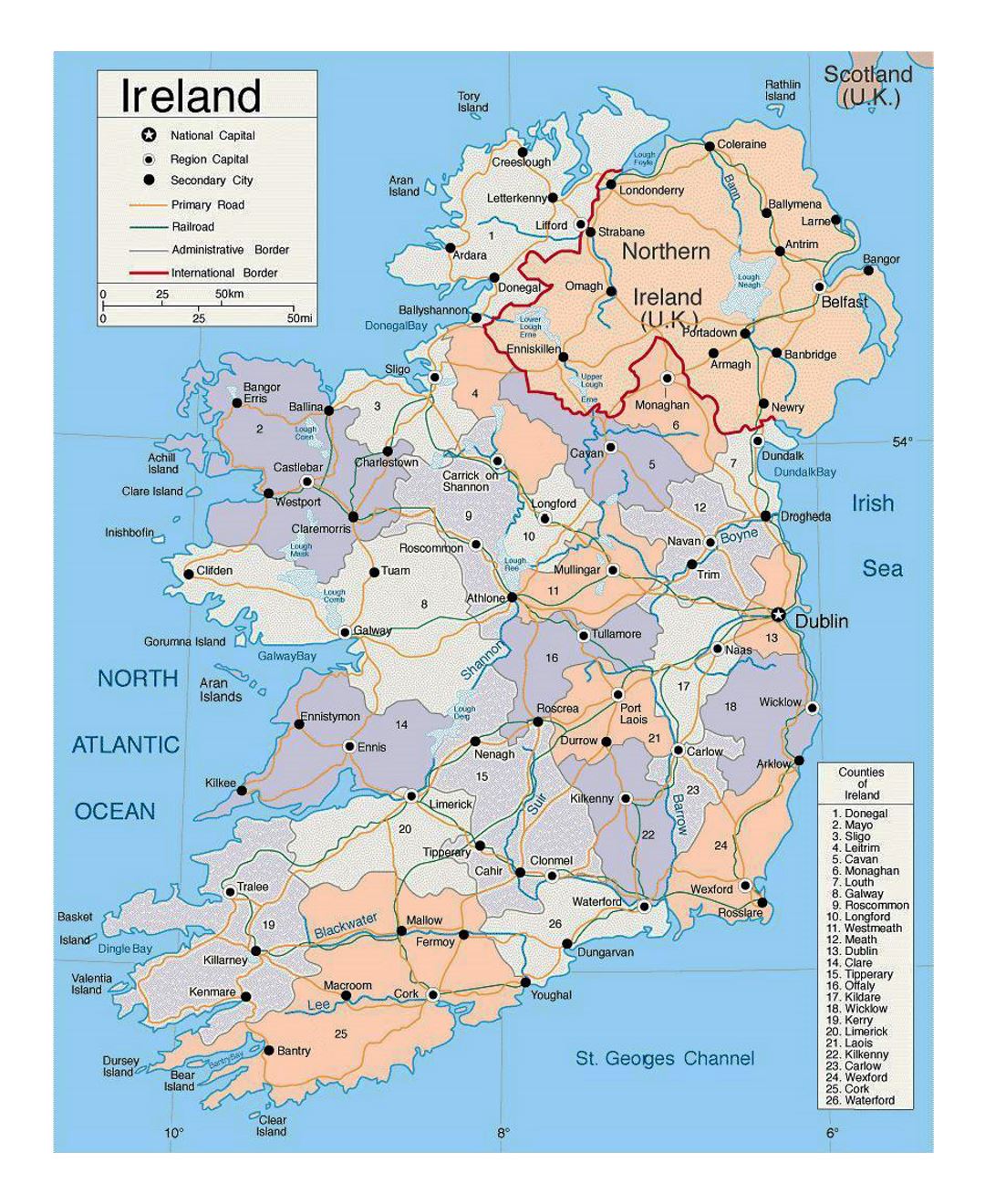 Mapa político y administrativo detallado de Irlanda con las carreteras y ciudades principales