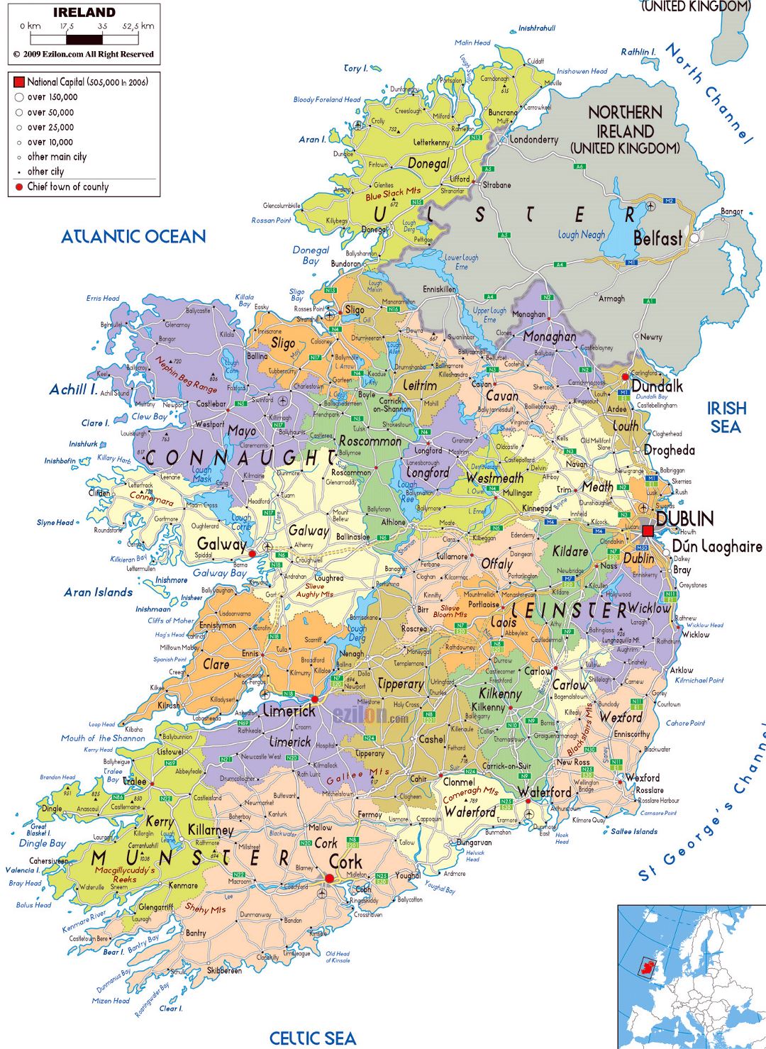 Mapa político y administrativo grande de Irlanda con carreteras, ciudades y aeropuertos