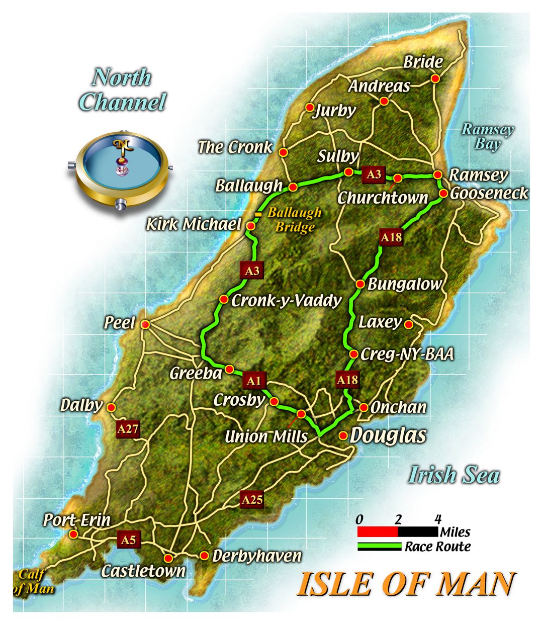 Gran hoja de ruta de la Isla de Man con las ciudades