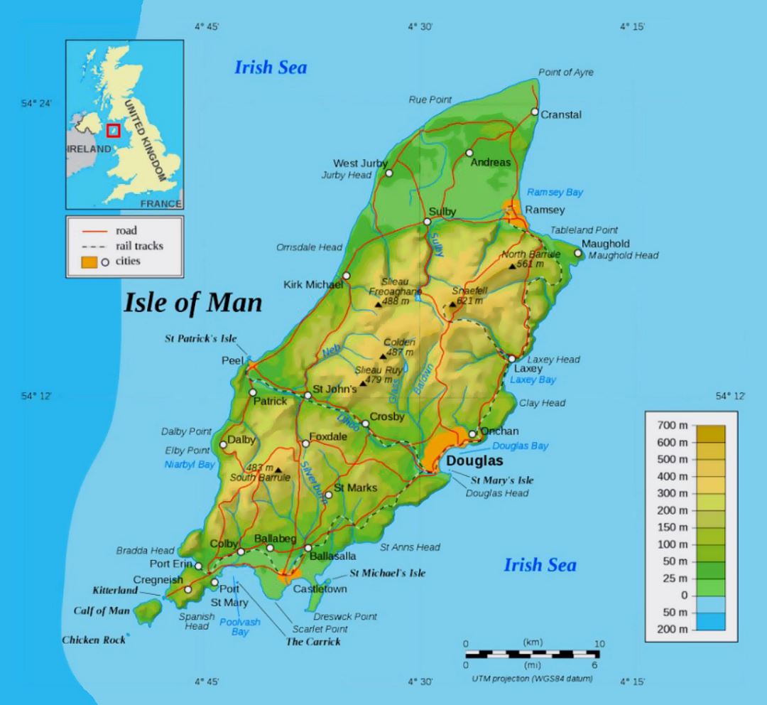 Mapa físico grande de la Isla de Man