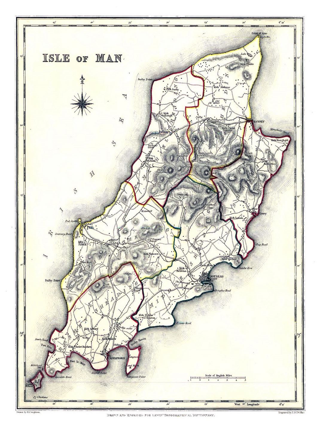 Mapa grande administrativa antiguo de la Isla de Man - 1848