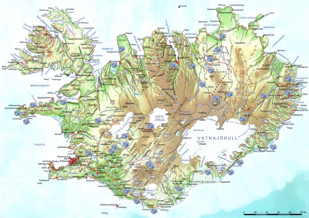 Gran escala hoja de ruta de Islandia con alivio, ciudades y ubicaciones de las fotos
