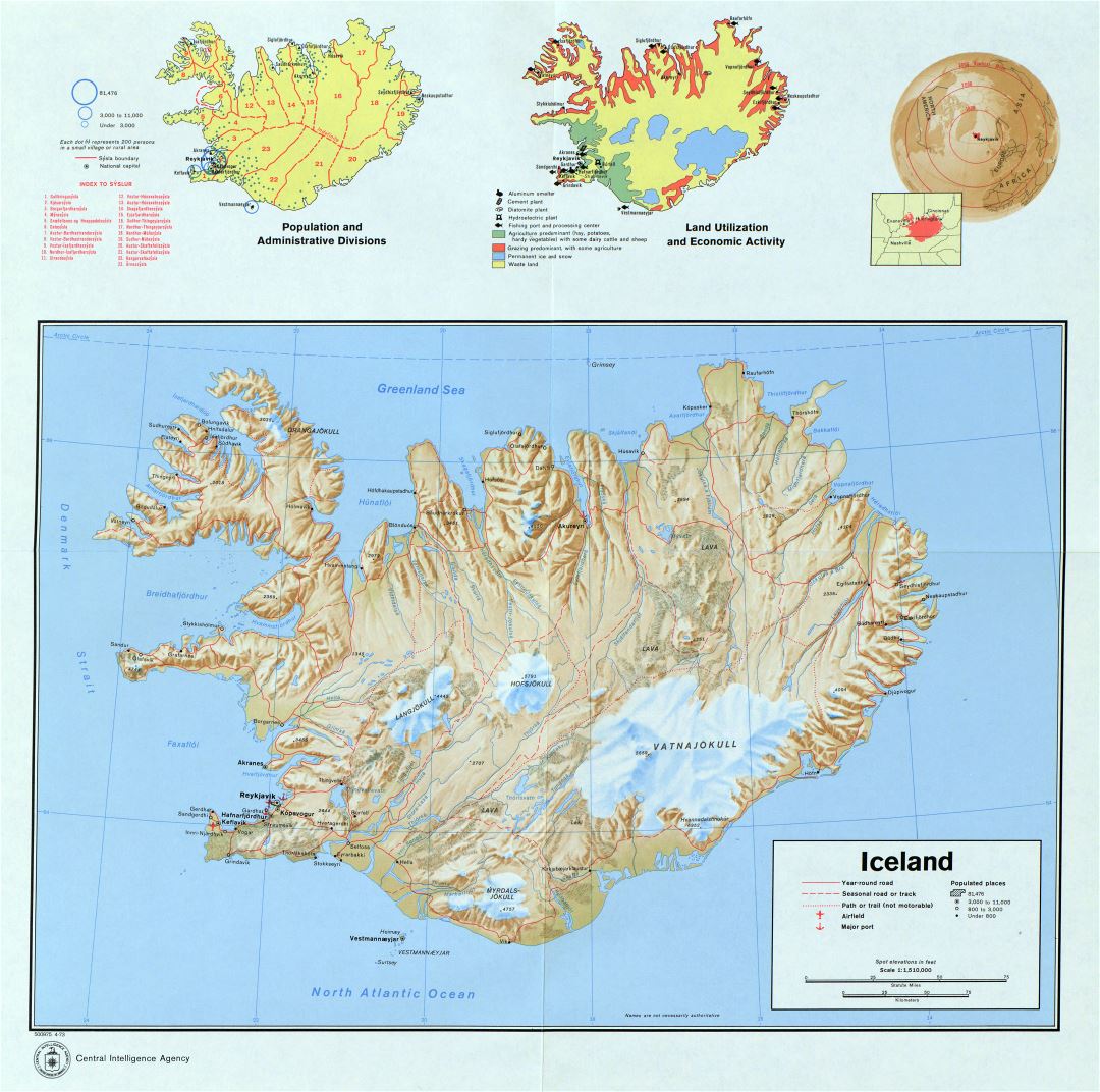 Gran escala país mapa detallado perfil de Islandia - 1973