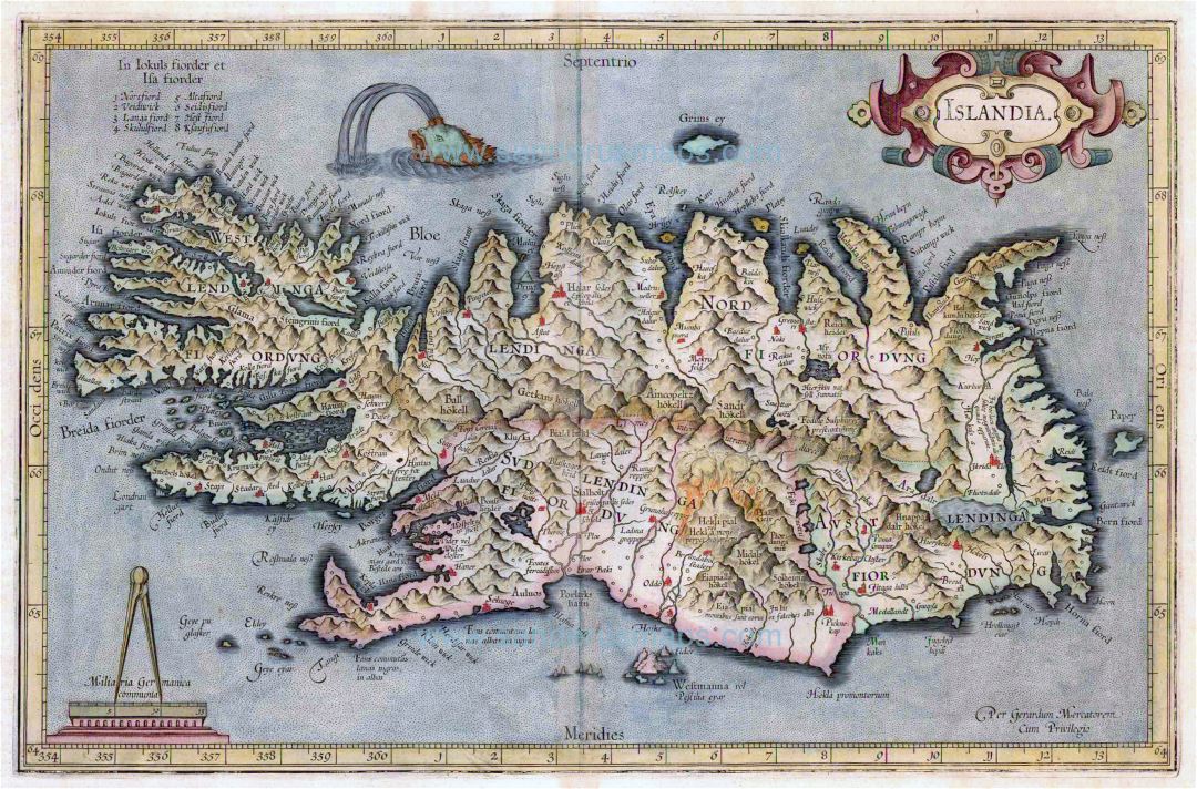 Gran escala viejo mapa de Islandia con alivio