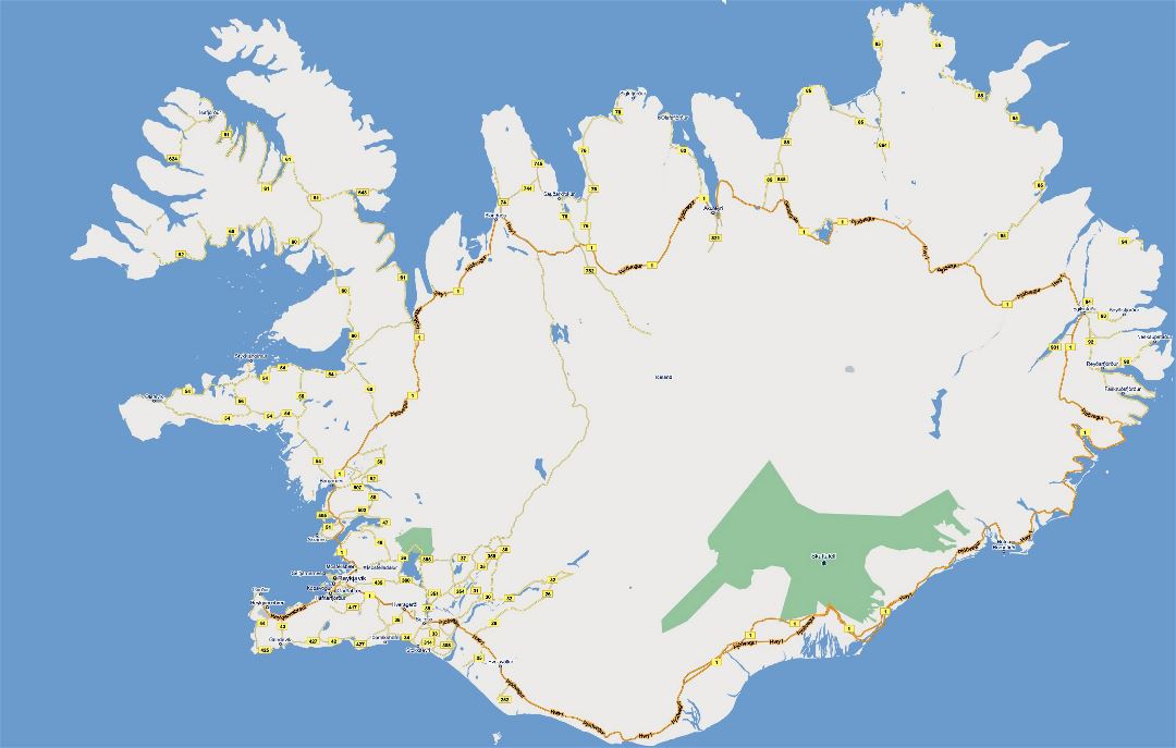 Gran hoja de ruta de Islandia con las ciudades