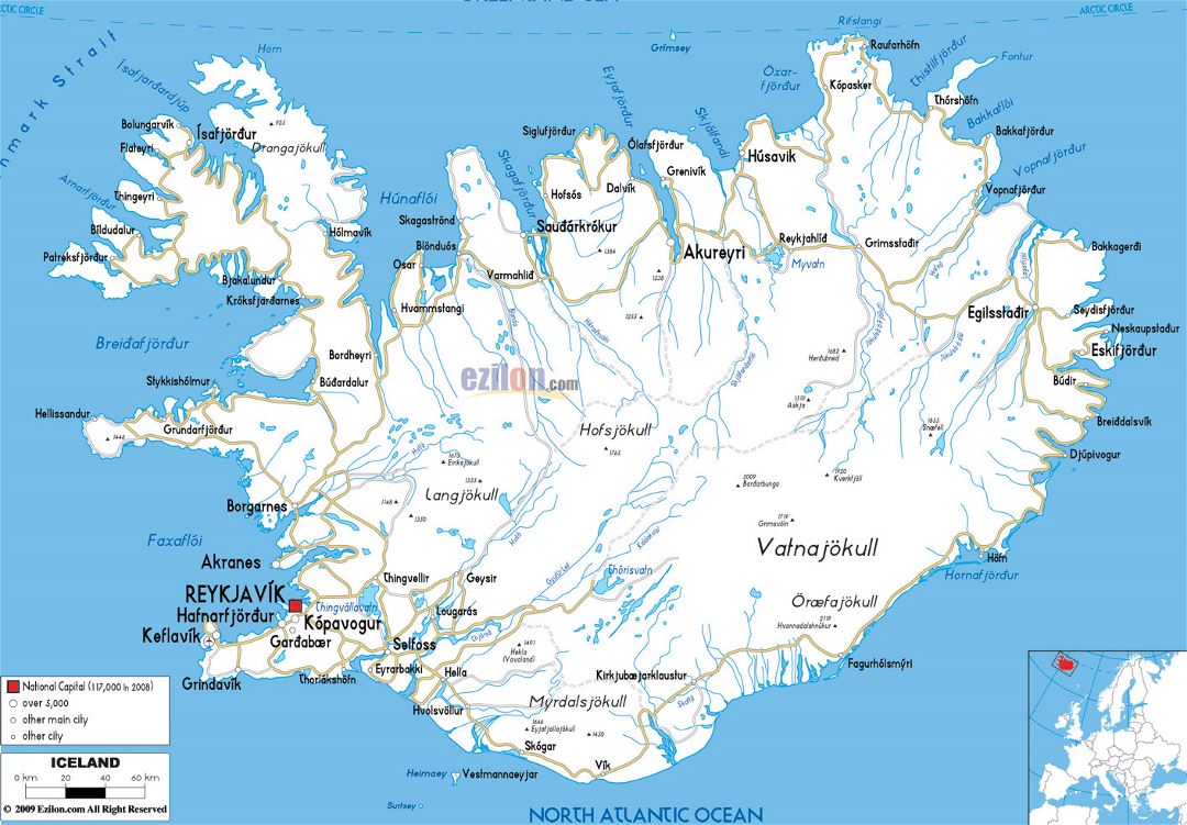 Gran hoja de ruta de Islandia con las ciudades y aeropuertos
