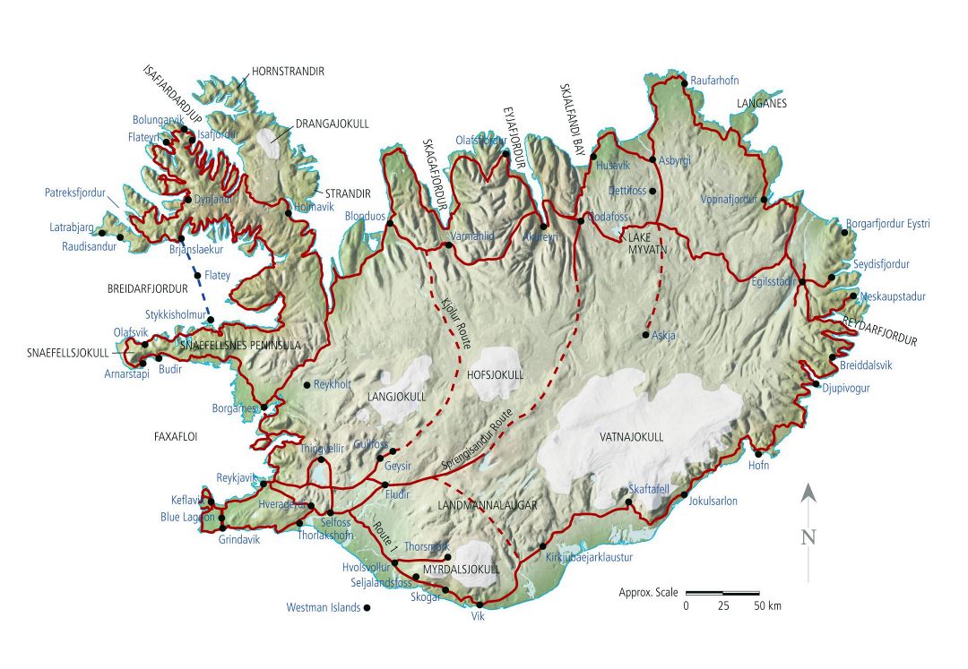 Gran hoja de ruta detallada de Islandia con alivio y ciudades