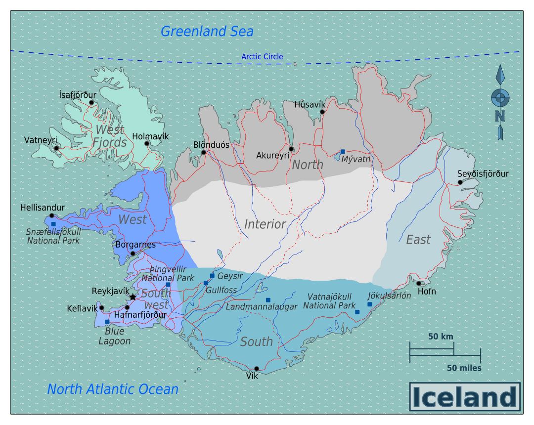 Grandes regiones mapa de Islandia