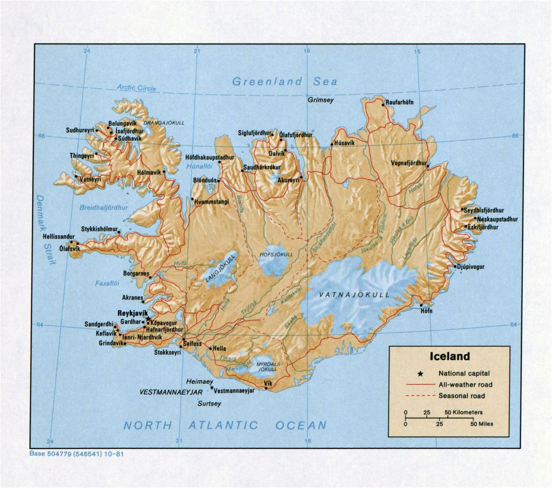 Mapa a gran escala política de Islandia con alivio, caminos y ciudades - 1981