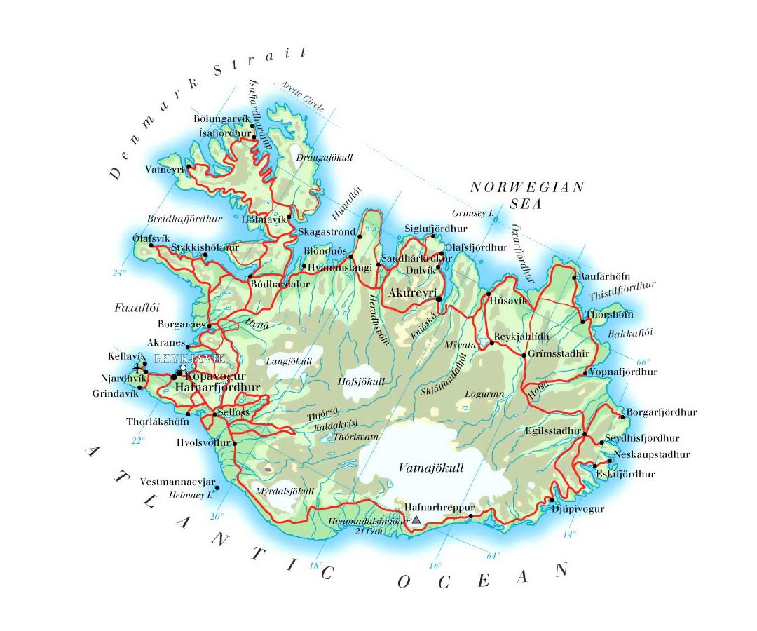 Mapa de elevación detallado de Islandia con carreteras, ciudades y aeropuertos