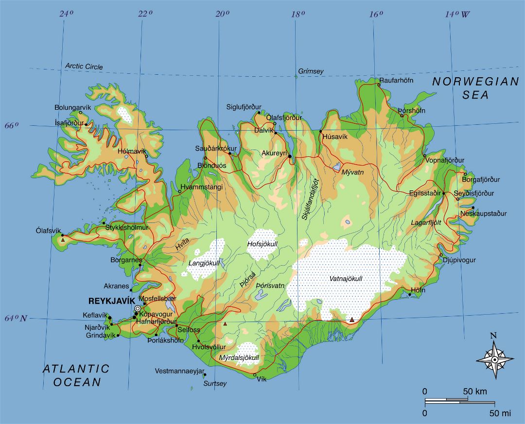Mapa de elevación grande de Islandia con carreteras