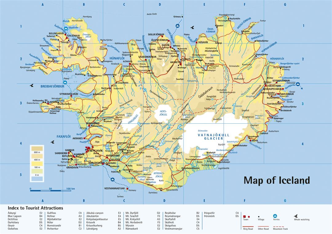 Mapa físico detallado grande de Islandia con carreteras, ciudades y atracciones turísticas