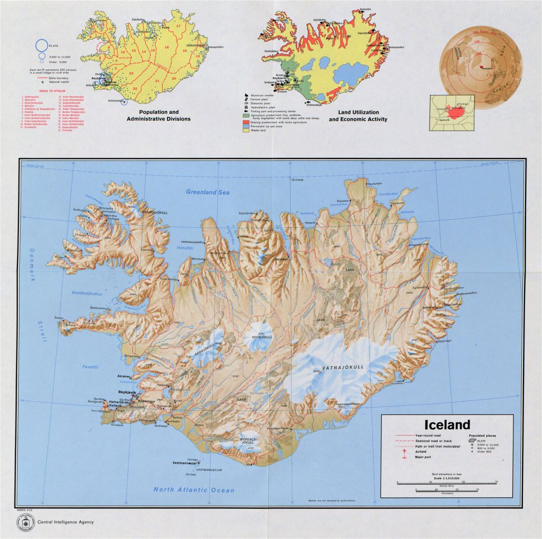 Mapa grande perfil detallado país de Islandia - 1973