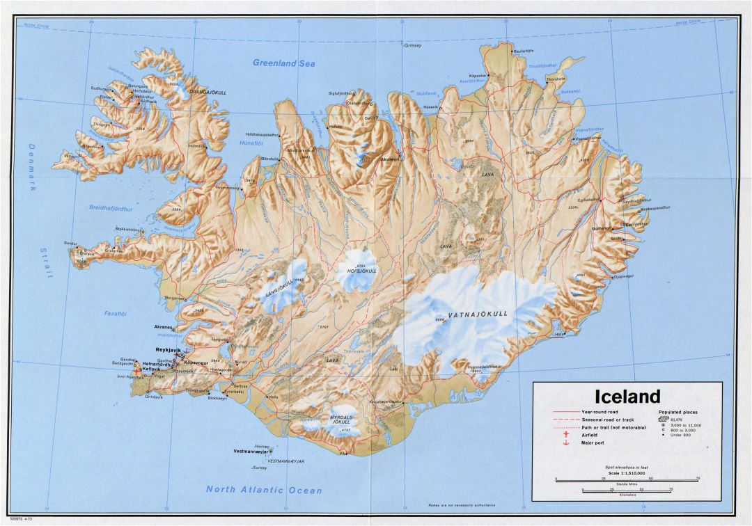 Mapa grande política detallada de Islandia con alivio, carreteras, ciudades, puertos y aeropuertos - 1973