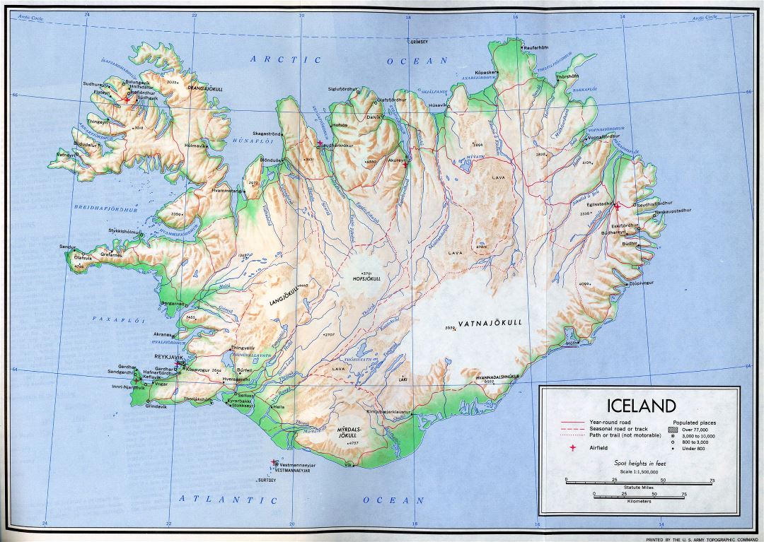 Mapa grande política detallada de Islandia con alivio, carreteras, ciudades y aeropuertos - 1970
