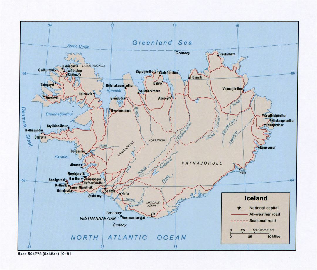 Mapa político a gran escala de Islandia con caminos y ciudades - 1981