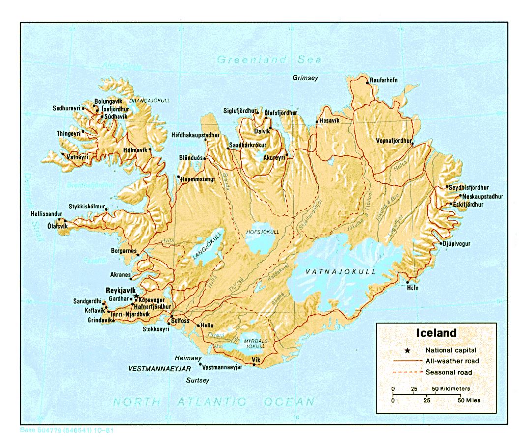 Mapa político detallada de Islandia con alivio, caminos y ciudades - 1981