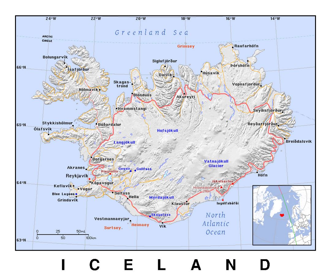Mapa político detallada de Islandia con alivio