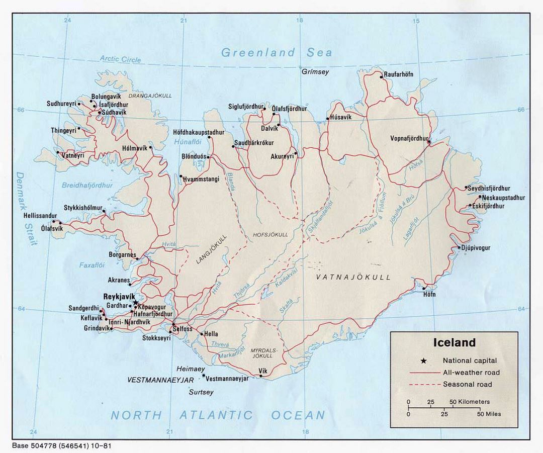 Mapa político detallada de Islandia con las carreteras y ciudades - 1981