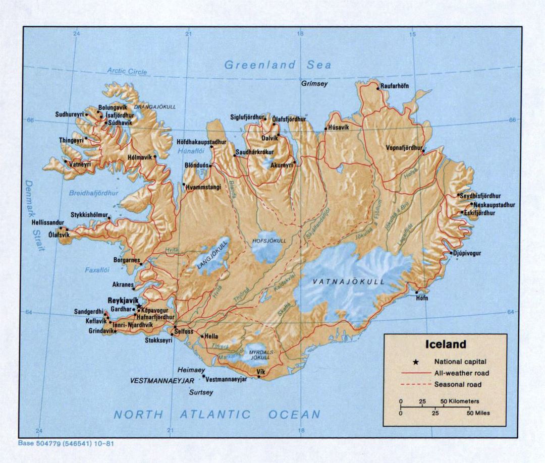 Mapa político grande de Islandia con alivio, caminos y ciudades - 1981