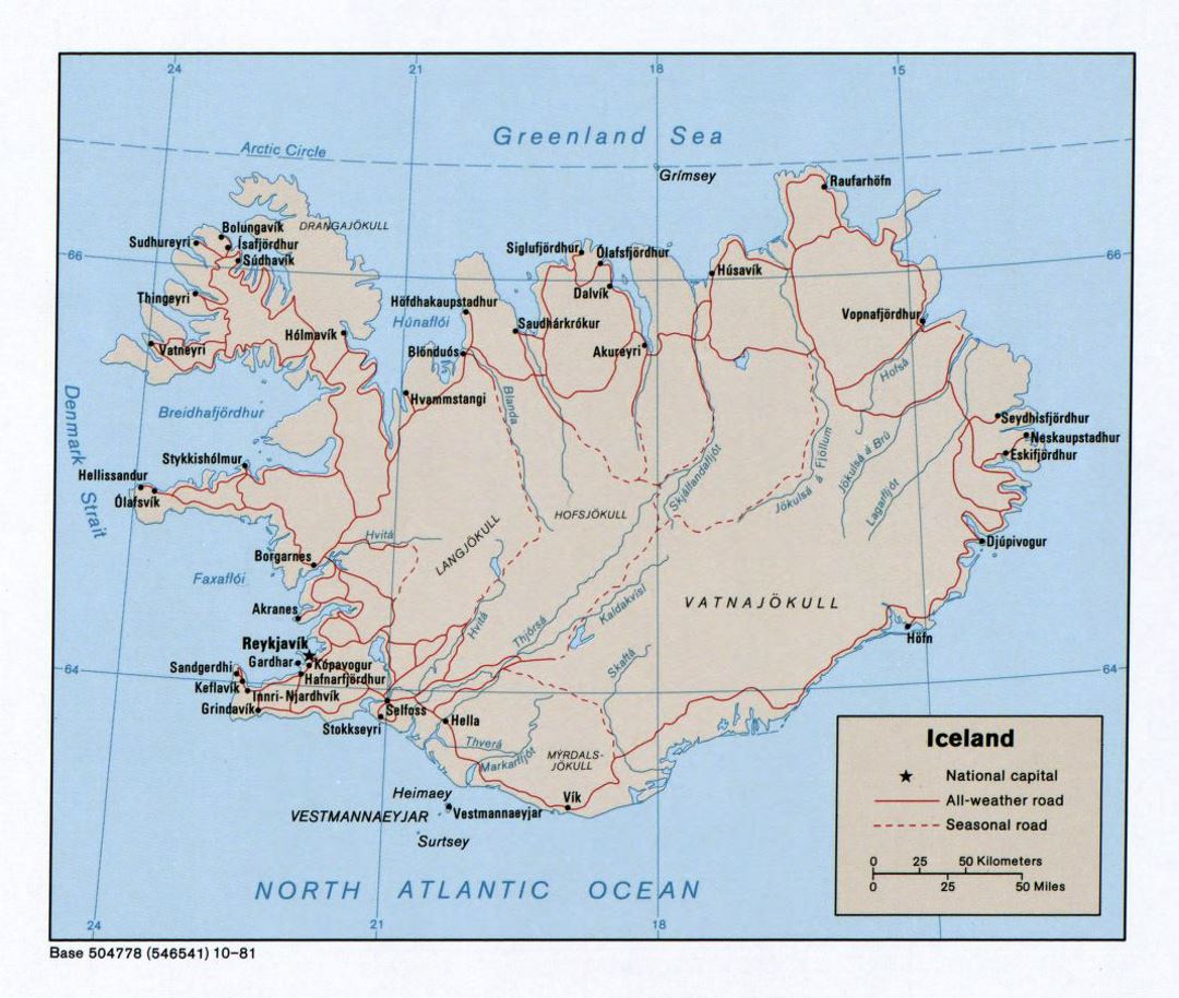 Mapa político grande de Islandia con caminos y ciudades - 1981