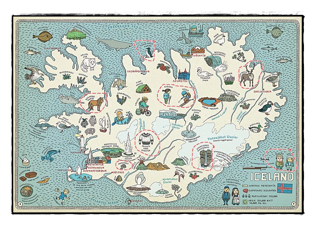 Turística detallada ilustra un mapa de Islandia