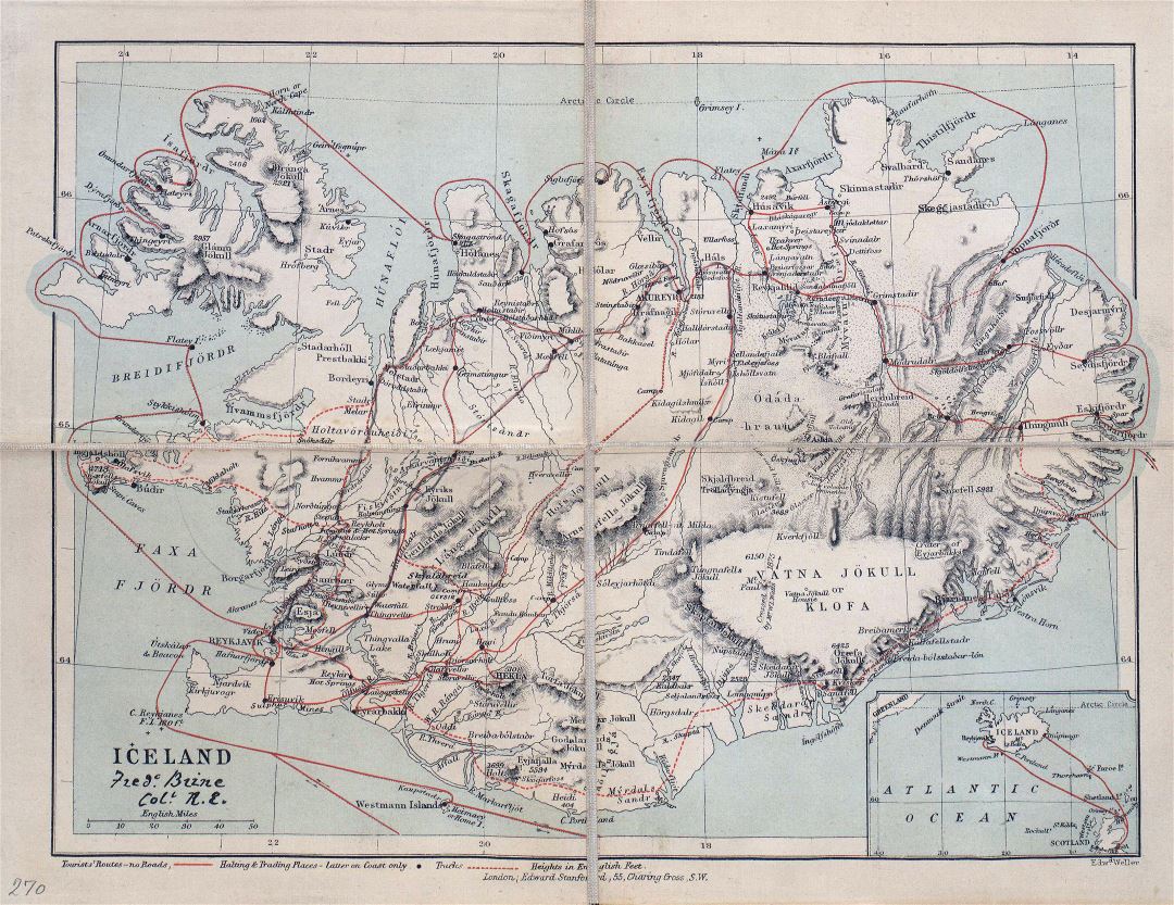 Viejo mapa a gran escala de Islandia con alivio, caminos y ciudades