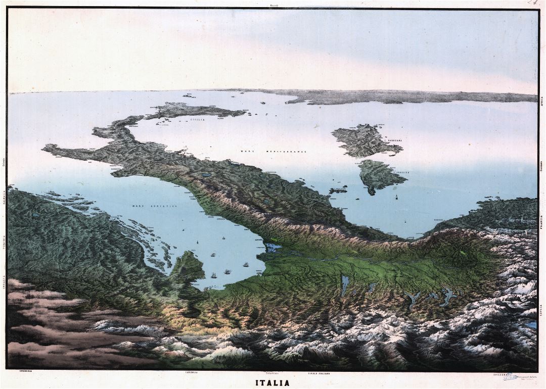 A gran escala viejo mapa panorámico ilustrada de Italia - 18xx