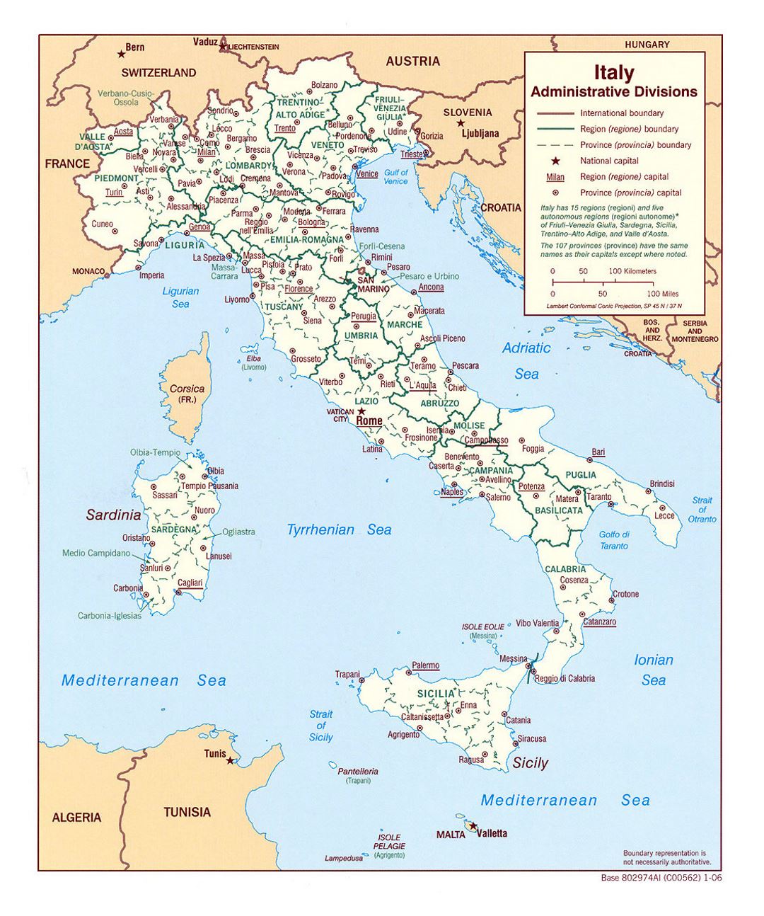 Administrativas divisiones mapa detallado de Italia - 2006