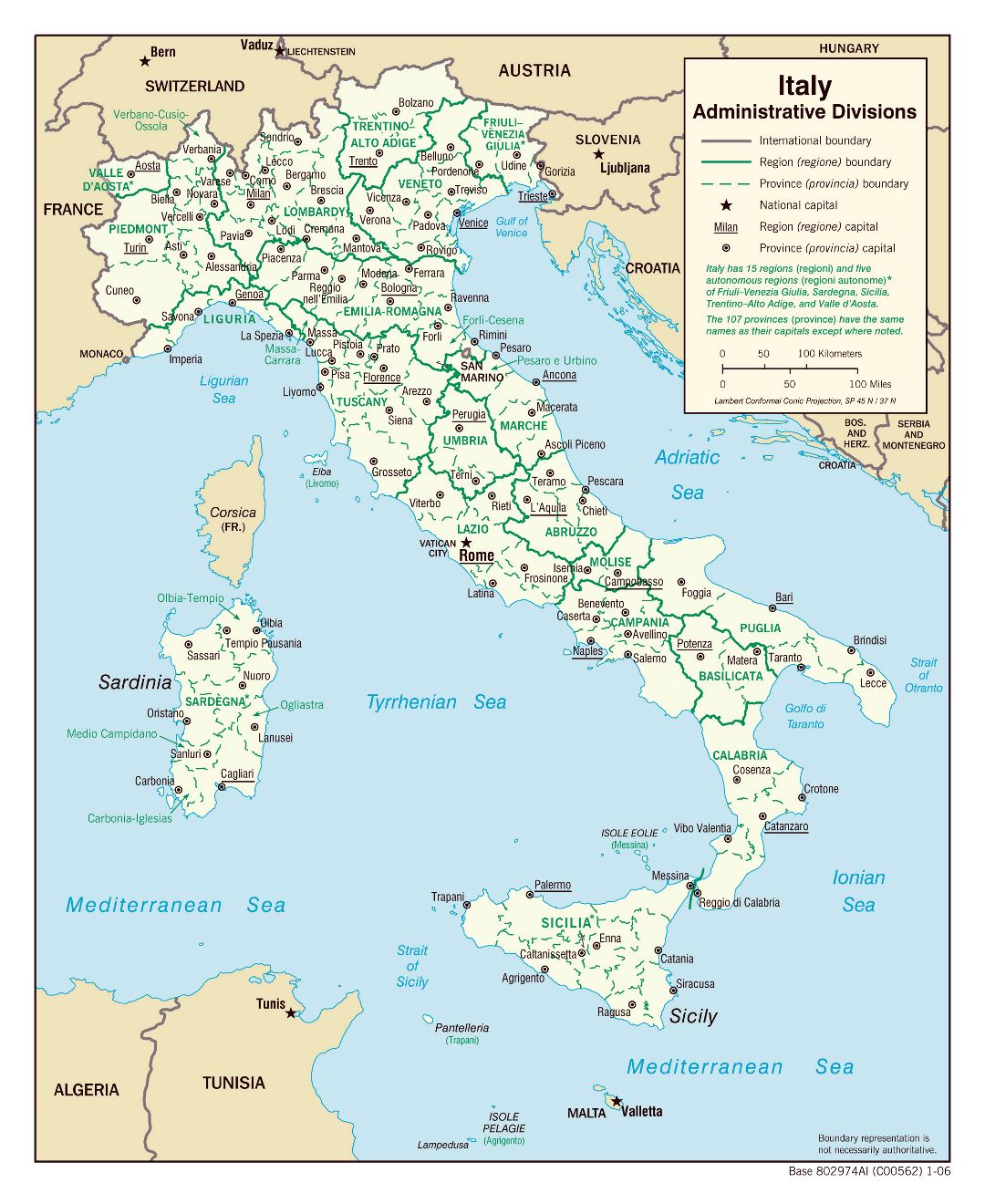 Gran detalle administrativas divisiones mapa de Italia - 2006