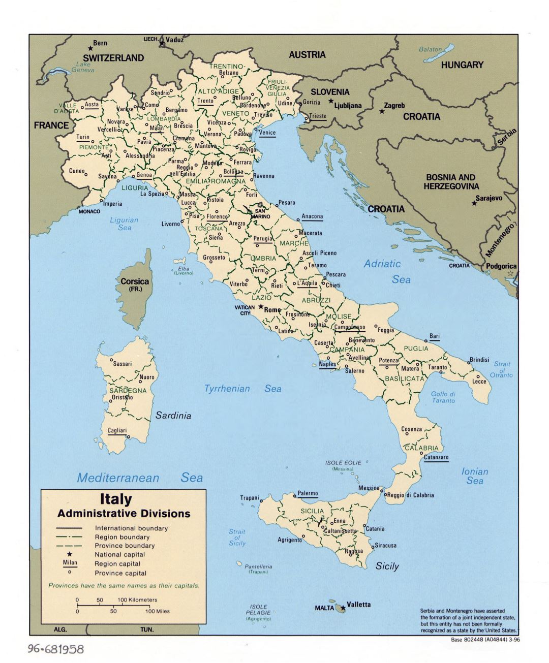 Gran escala administrativa divisiones mapa de Italia - 1996