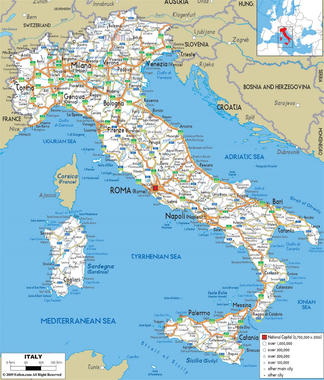 Gran hoja de ruta de Italia con las ciudades y aeropuertos