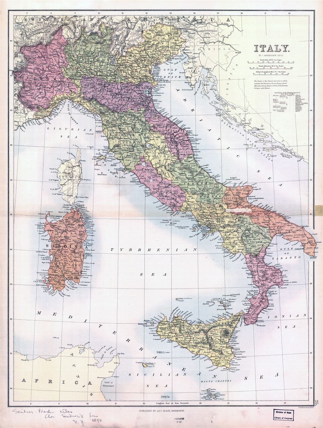 Grande de la escala mapa político y administrativo de la antigua Italia - 1890