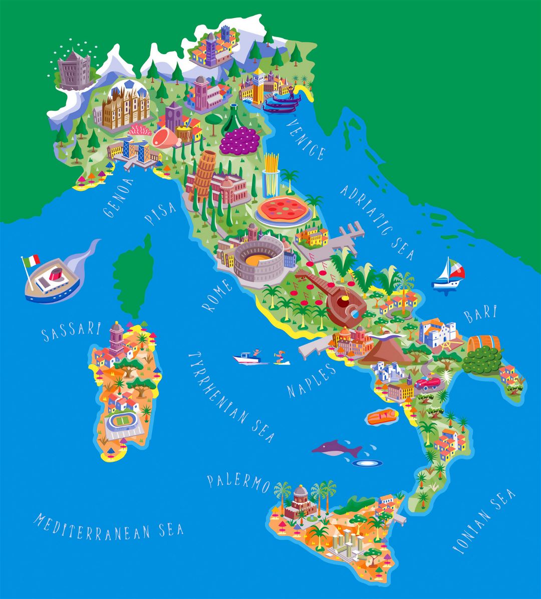 Grande detallada turística ilustra mapa de Italia