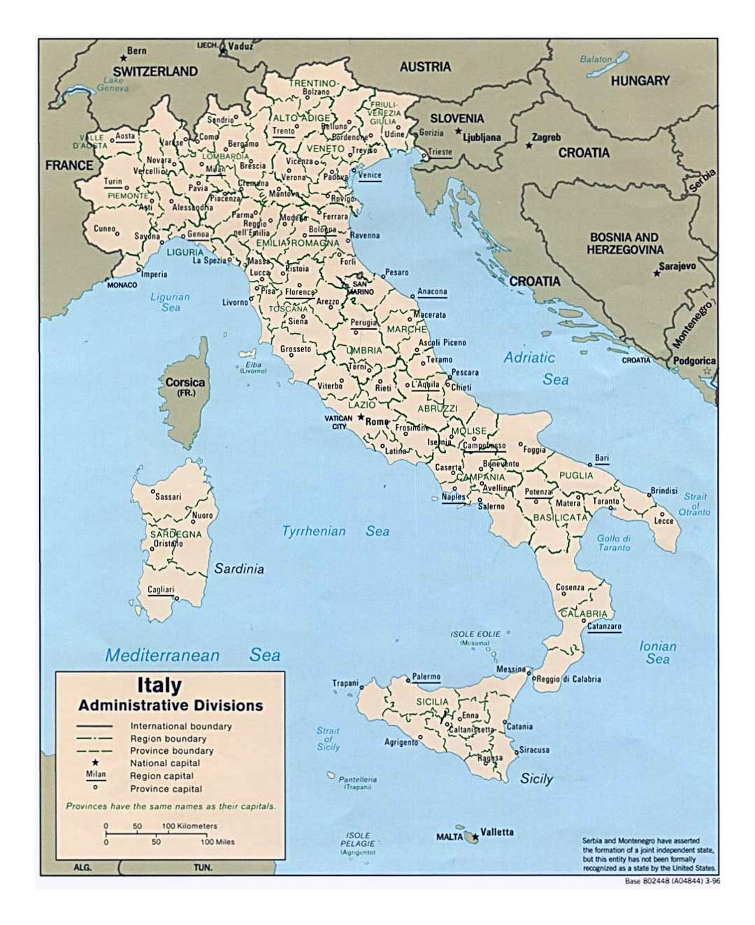 Grande mapa de divisiones administrativas de Italia - 1996