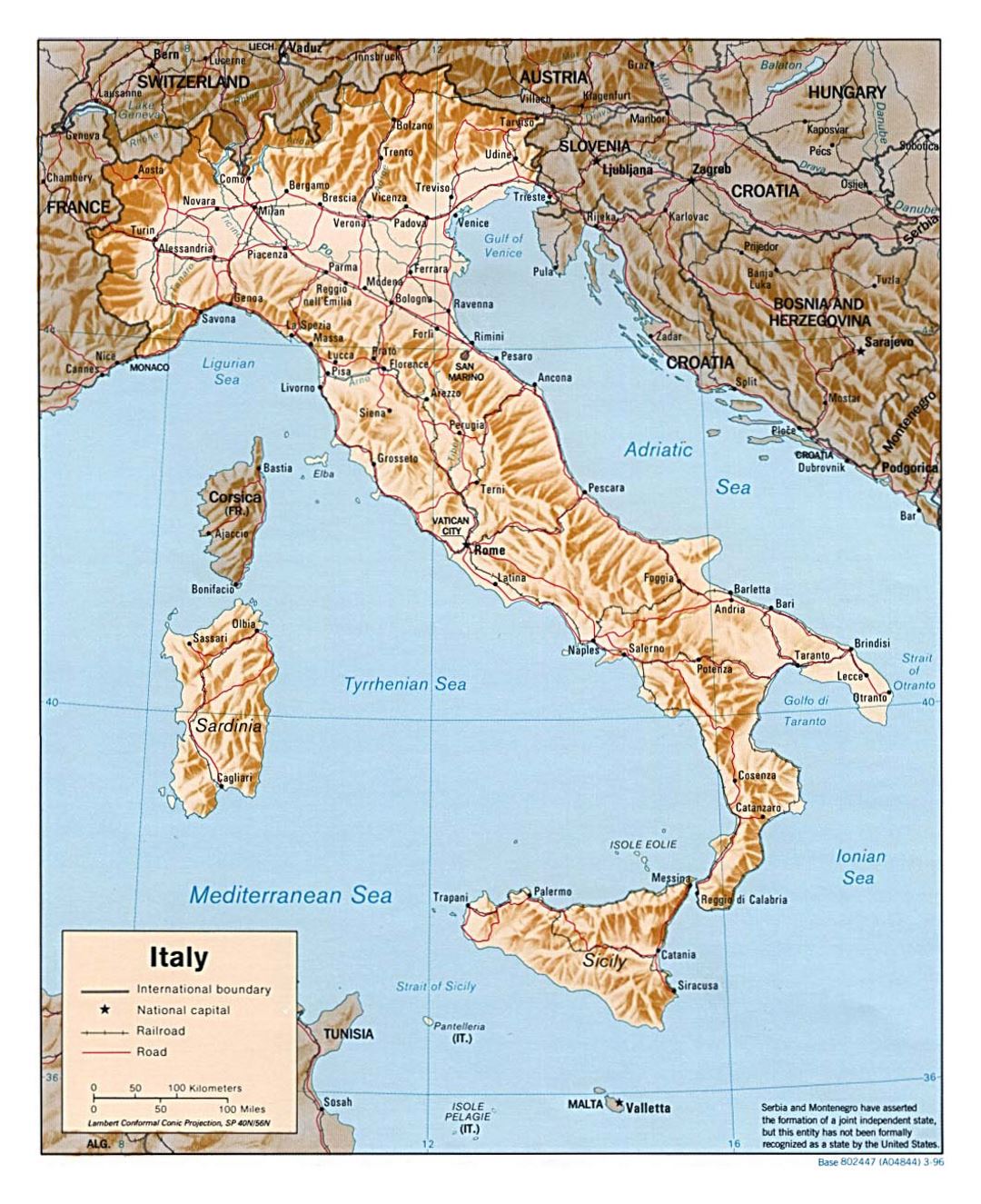 Grande mapa político de Italia, con alivio, carreteras, vías férreas y las principales ciudades - 1996