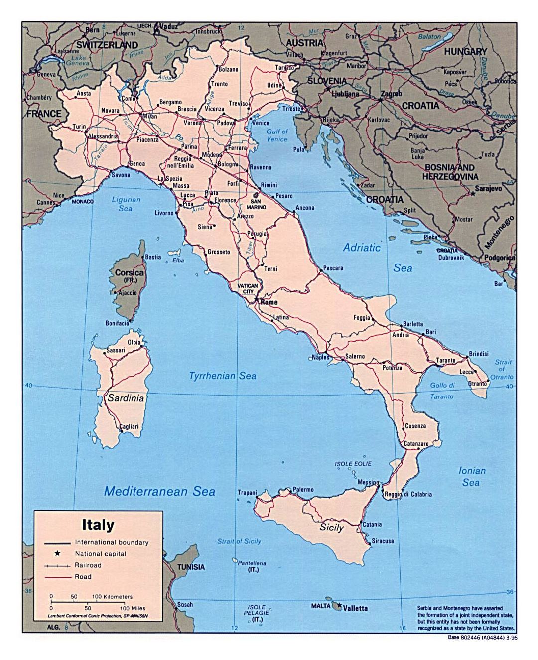 Grande mapa político de Italia, con carreteras, ferrocarriles y las principales ciudades - 1996