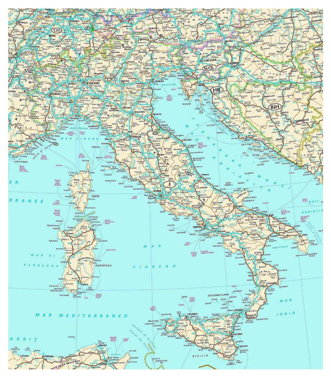 Hoja de ruta detallada de Italia con las ciudades