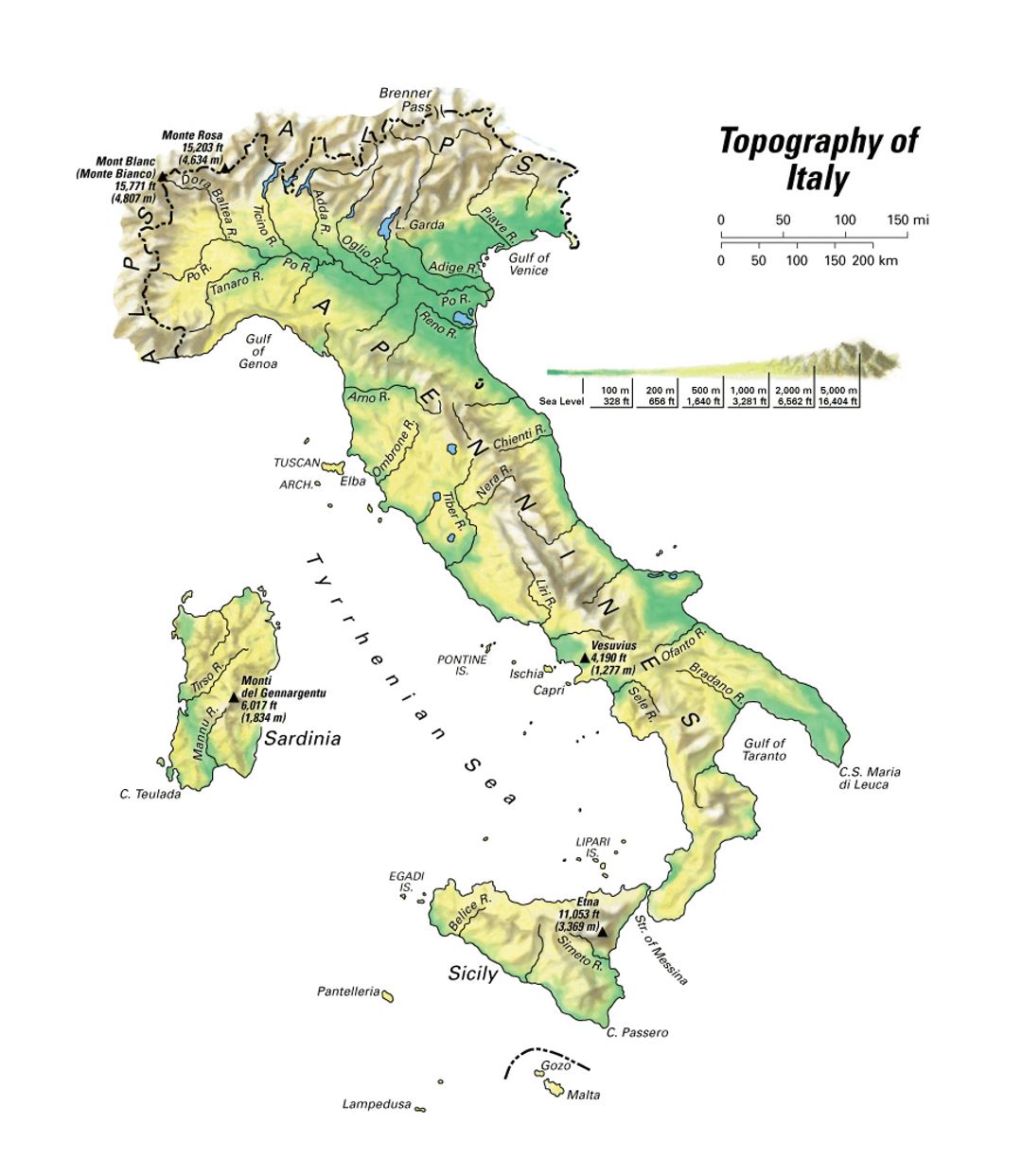 Mapa de la topografía detallada de Italia