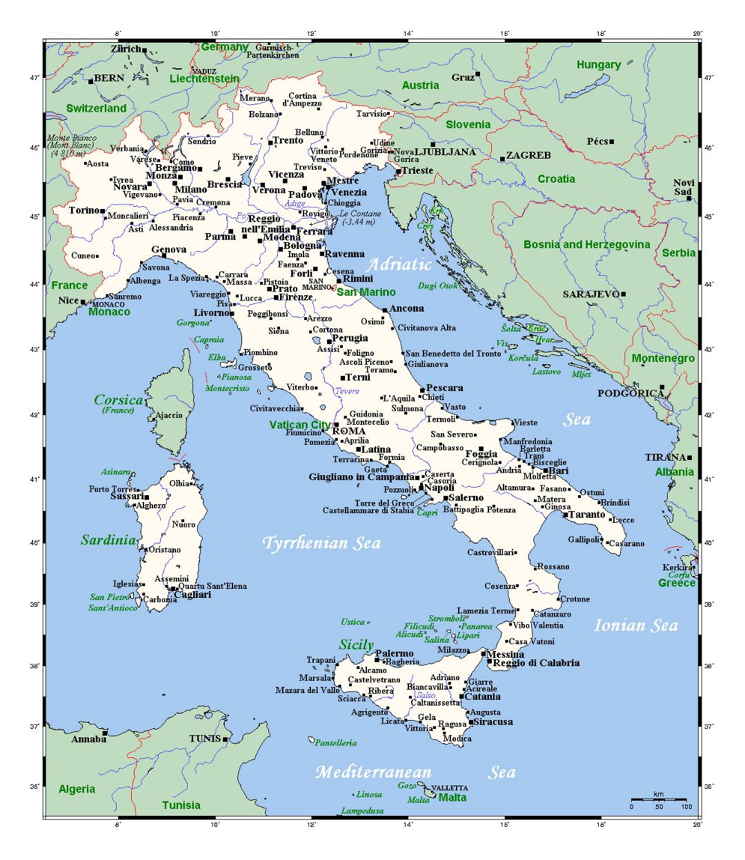 Mapa detallado de Italia, con las principales ciudades