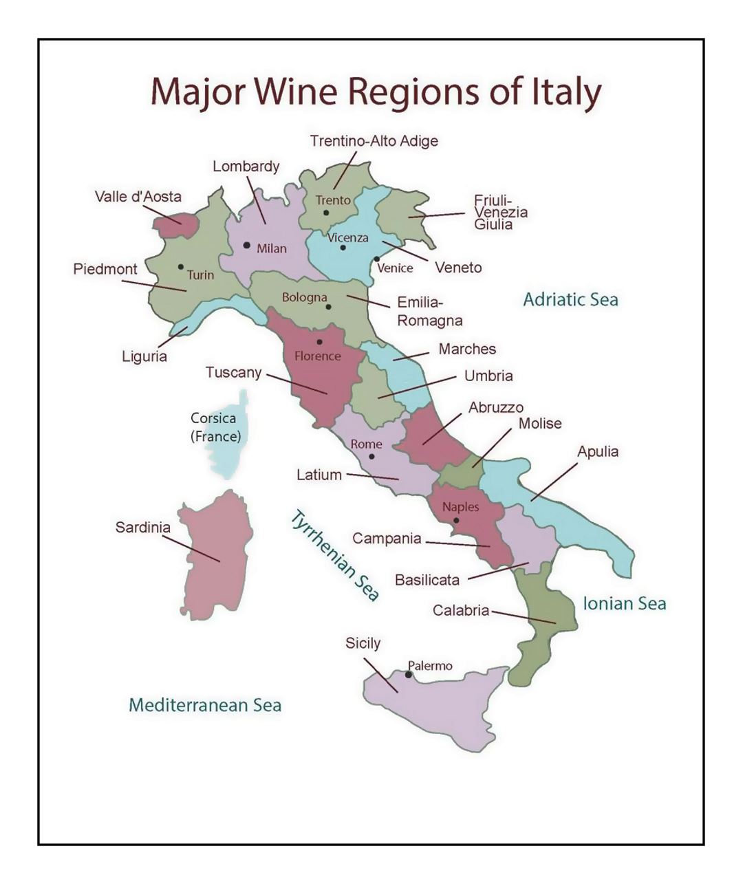 Mapa detallado de las principales regiones vinícolas de Italia