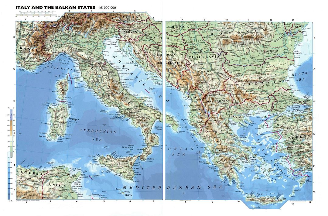 Mapa físico detallado grande de Italia y los Balcanes con las carreteras y ciudades principales