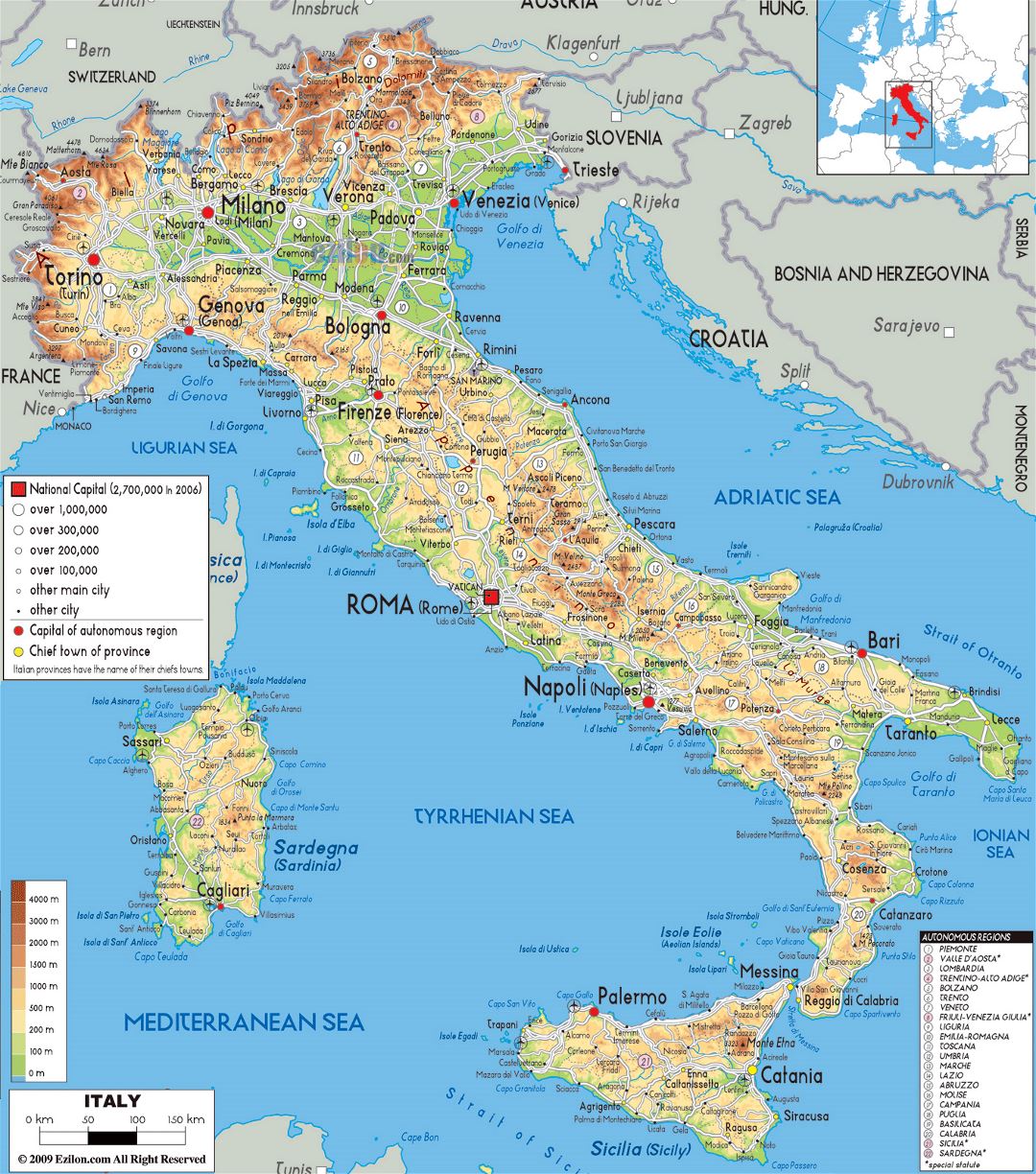 Mapa físico grande de Italia, con carreteras, ciudades y aeropuertos