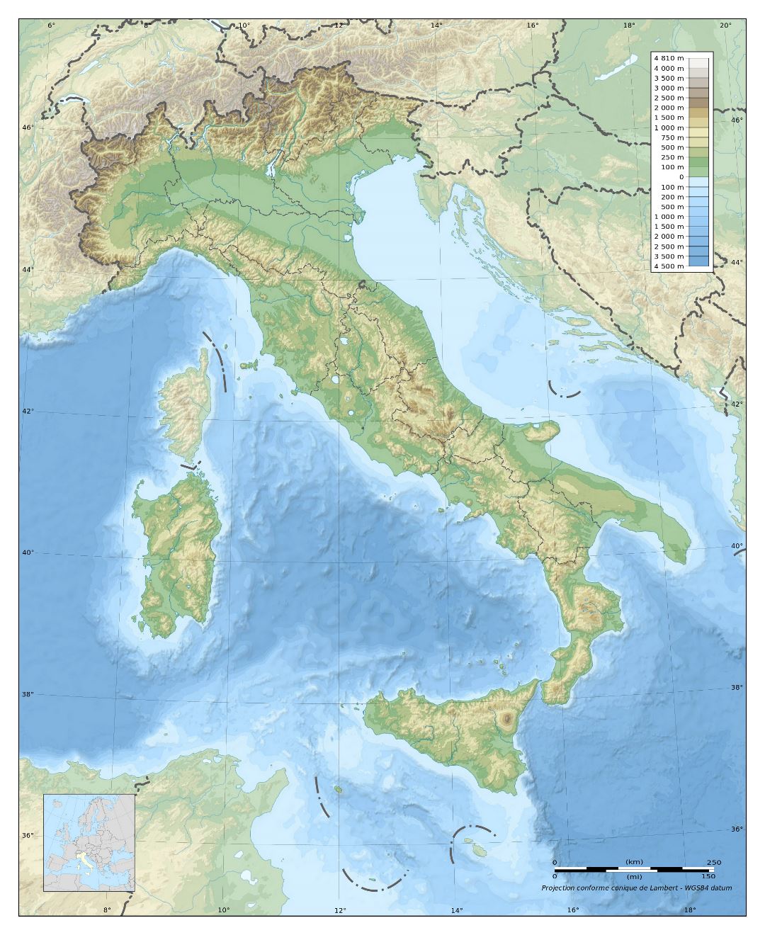 Mapa físico grande de Italia