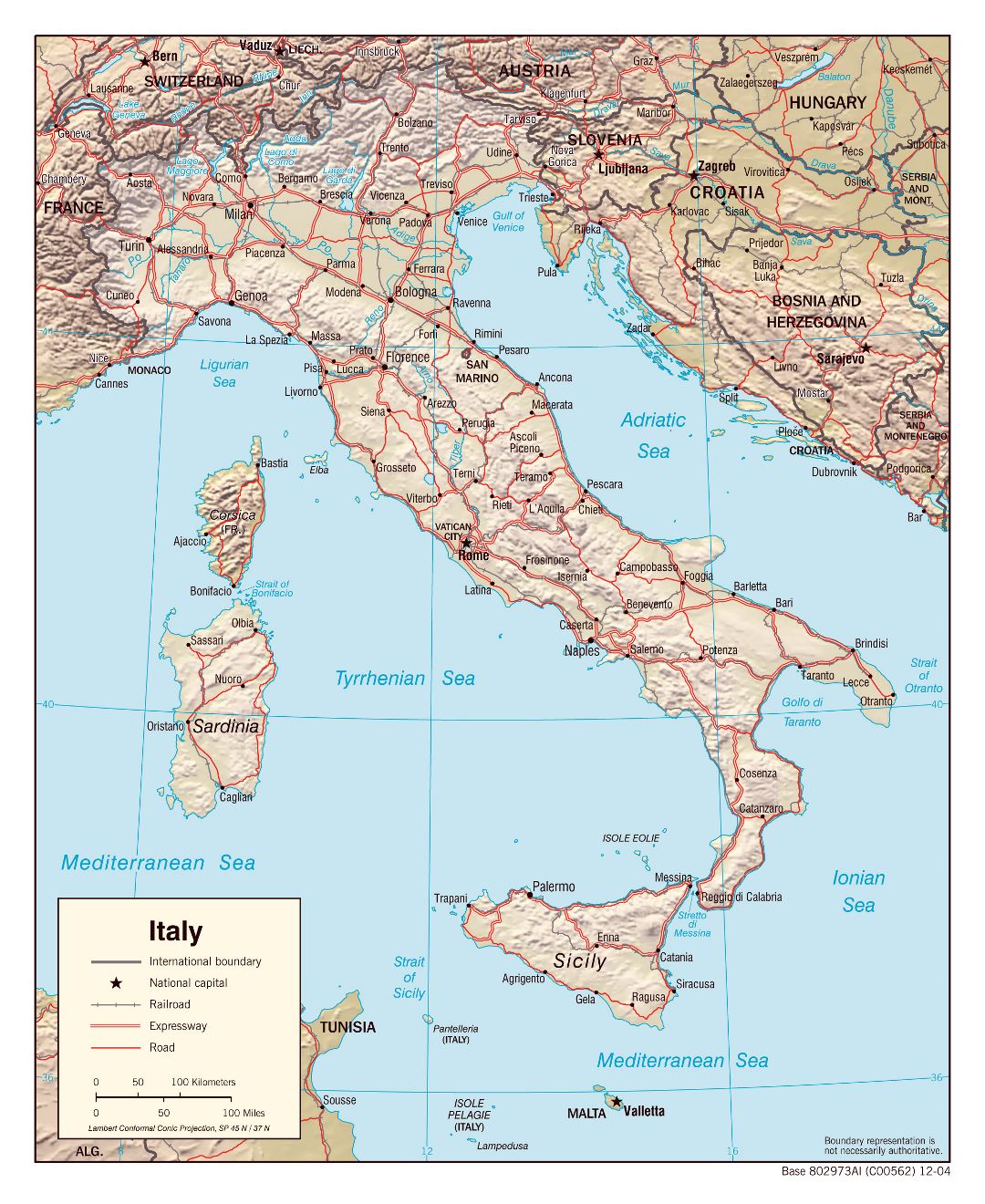 Mapa grande detallada política de Italia, con alivio, las carreteras y las principales ciudades - 2006