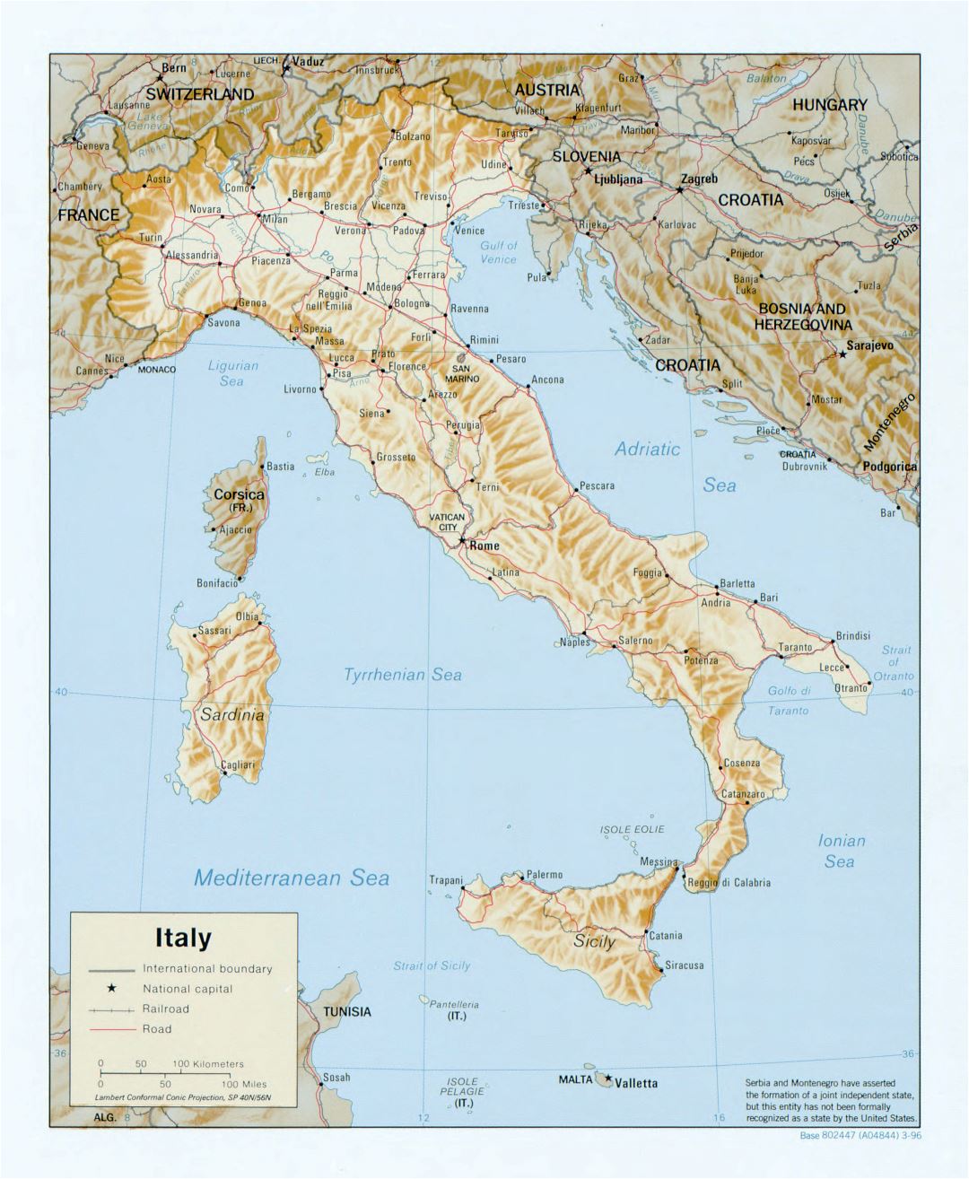 Mapa político a gran escala de Italia, con alivio, carreteras, vías férreas y las principales ciudades - 1996